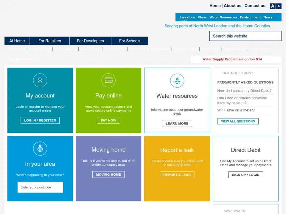 Affinity Water homepage, 20 Aug 2018