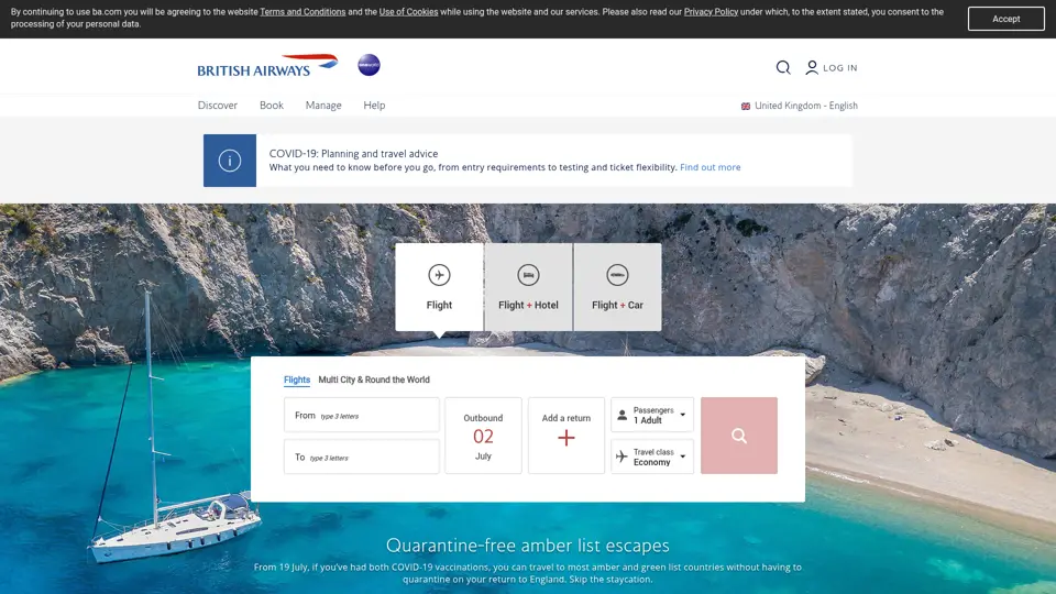 British Airways homepage, 2 Jul 2021