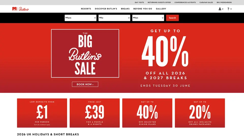 Butlin's homepage, 26 Jun 2026