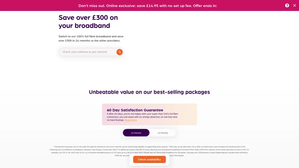 Community Fibre homepage, 1 Jul 2023