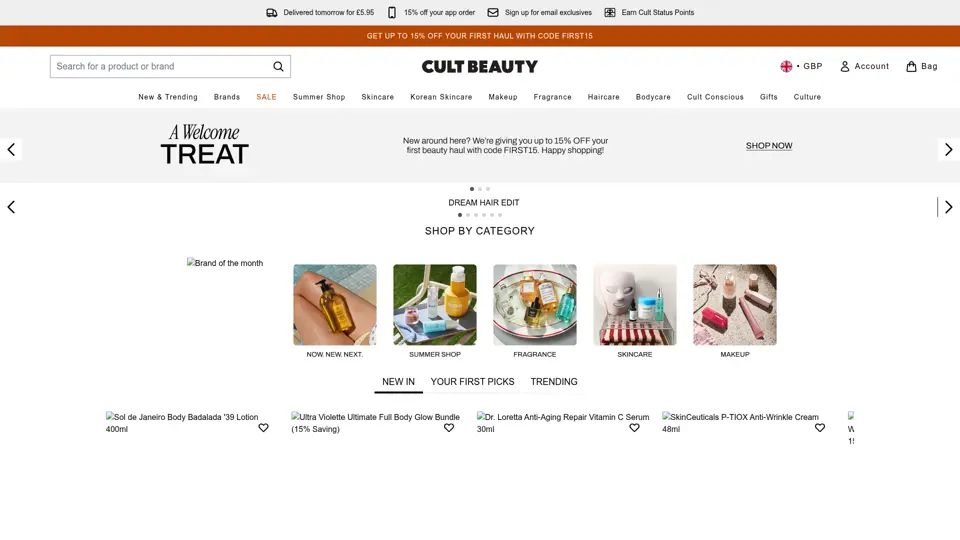 Cult Beauty homepage, 27 Jun 2026