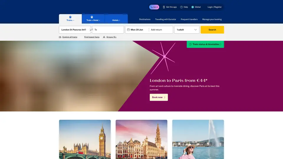 Eurostar homepage, 29 Jun 2026