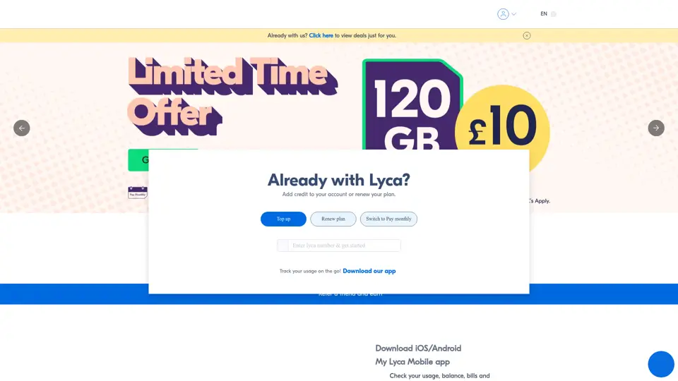 Lycamobile homepage, 8 Jul 2025