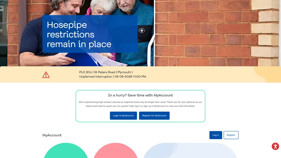 South West Water homepage, 7 Jun 2026
