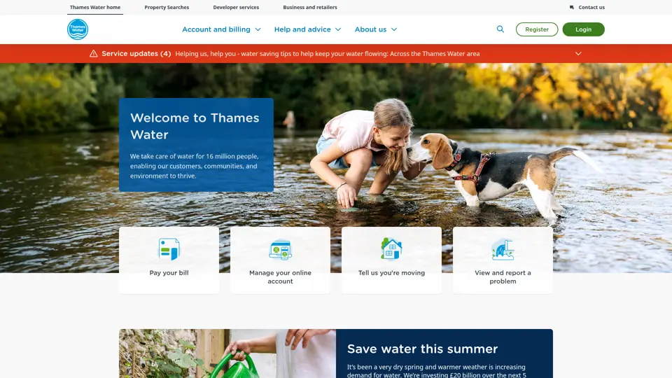 Thames Water homepage, 28 Jun 2026
