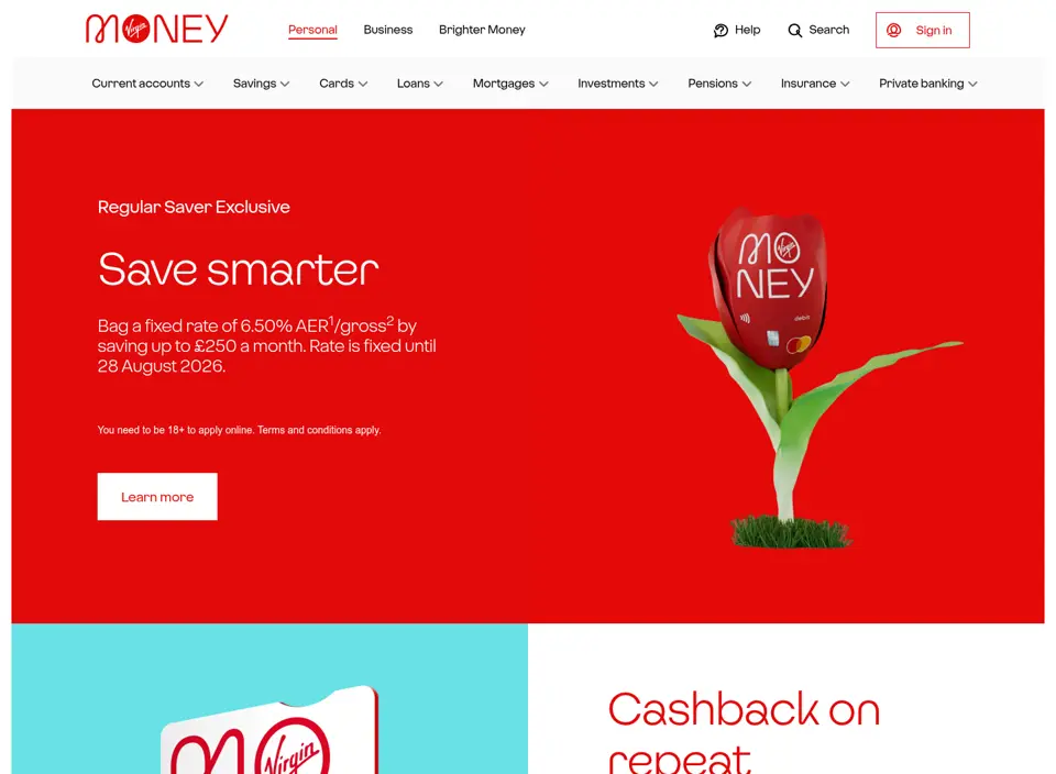 Virgin Money homepage, 16 Aug 2025