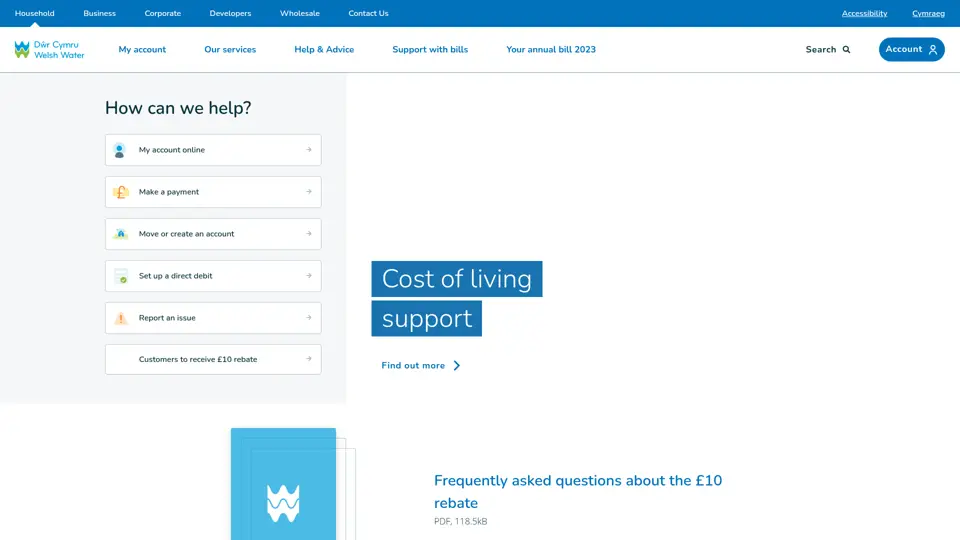 Welsh Water homepage, 30 Jun 2023