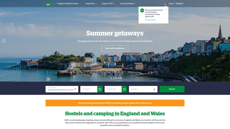 YHA homepage, 20 Jun 2021
